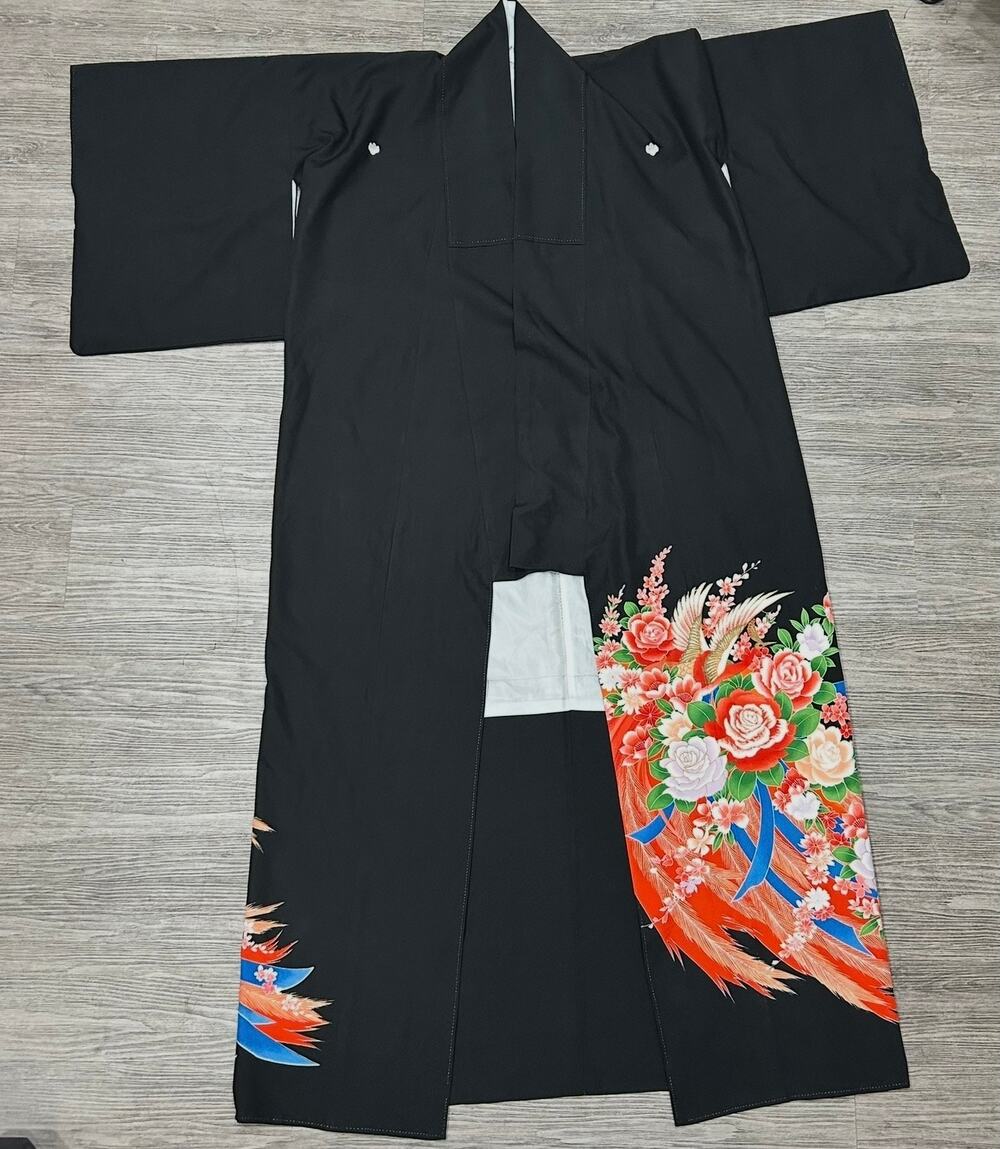 Vintage Japanese Silk Kurotomesode Kimono Black Floral Phoenix Gold Brocade Sz L